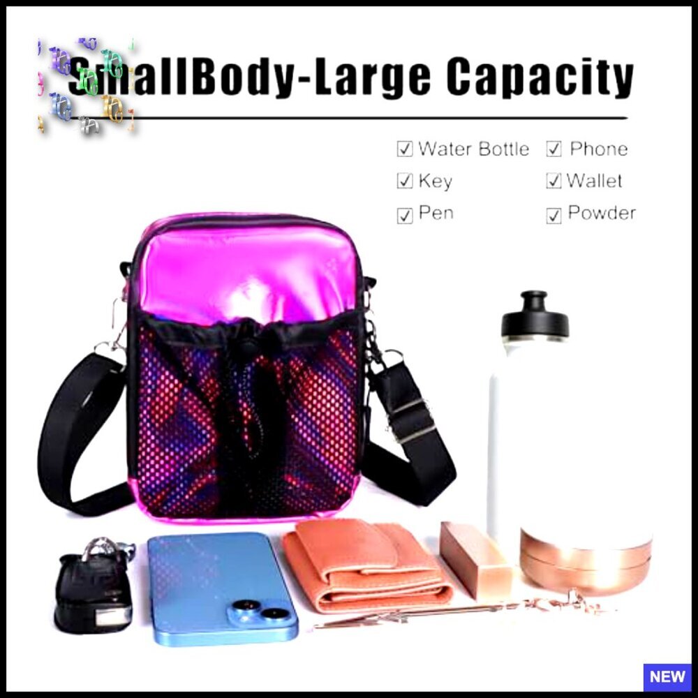 Holographic Mini Messenger Crossbody Bag Water Bottle Pocket Trendy Y2K - Picture 4 of 7